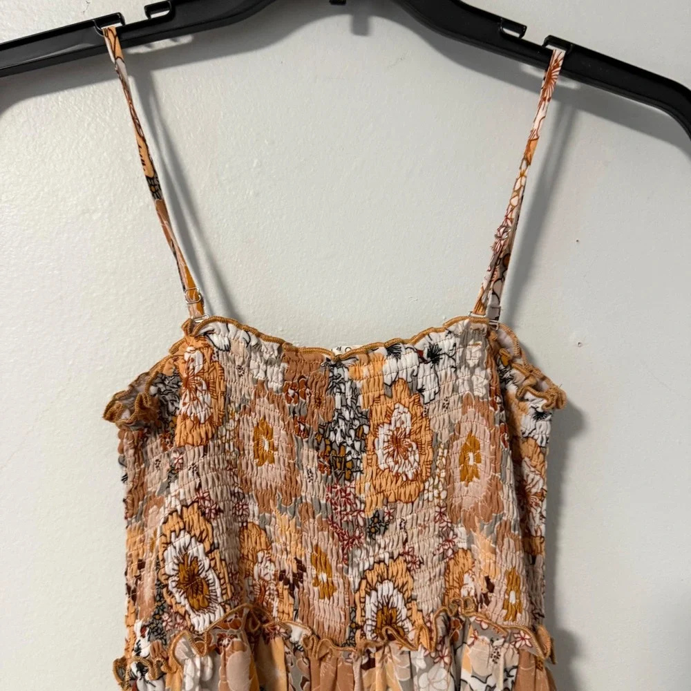 Kori Womens Floral Smocked Wide Leg Jumpsuit Spaghetti Strap Orange Boho Small